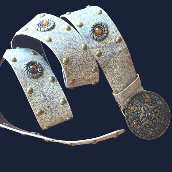 Vintage Boho Studded Hip Belt Round Disc Buckle Size XXL Beige Bronze Rhinestone - Picture 3 of 9